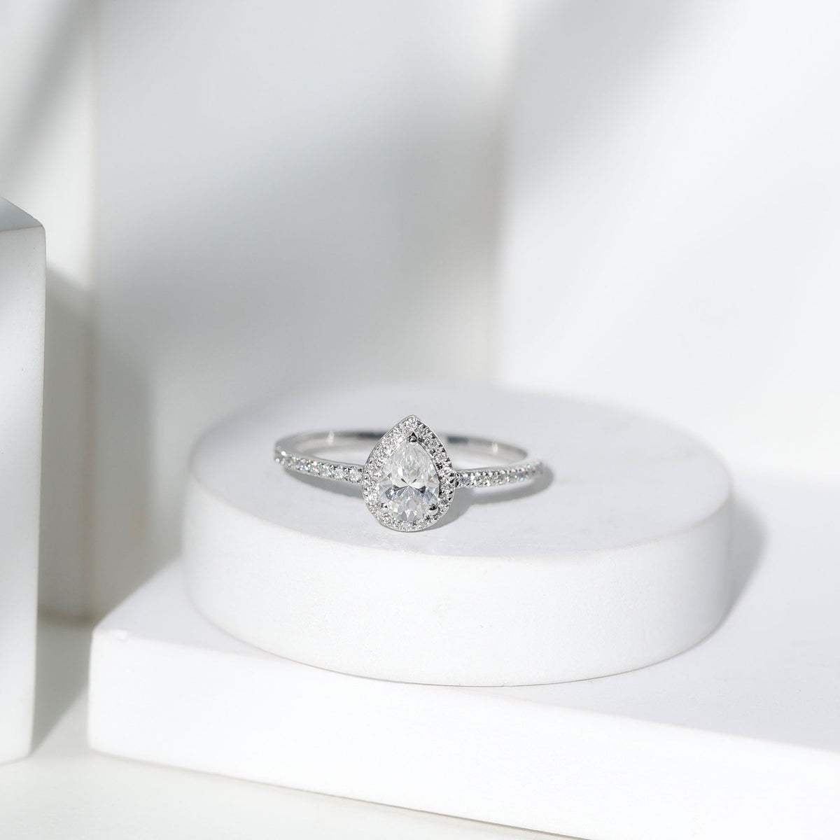 Certified 0.7 Carat Pear Shaped Moissanite Halo Engagement Ring