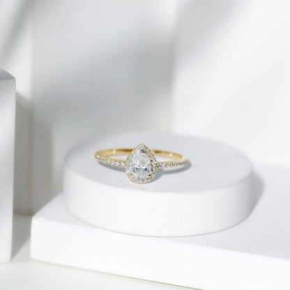 Certified 0.7 Carat Pear Shaped Moissanite Halo Engagement Ring