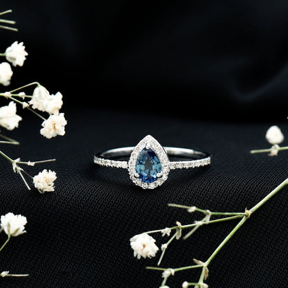 Natural Half Carat Blue Sapphire Teardrop Engagement Ring with Diamond Halo