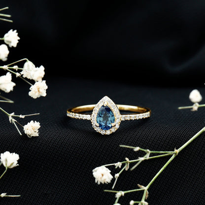Natural Half Carat Blue Sapphire Teardrop Engagement Ring with Diamond Halo