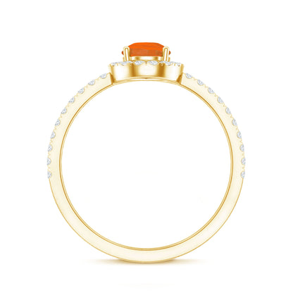 Genuine Fire Opal Teardrop Ring with Diamond Halo
