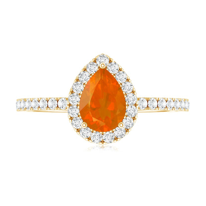 Genuine Fire Opal Teardrop Ring with Diamond Halo