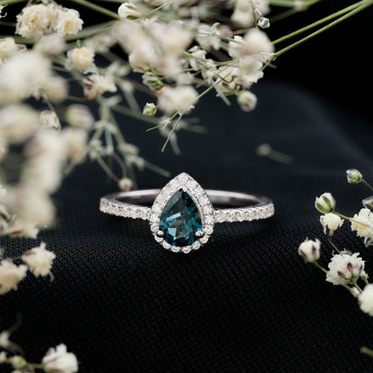 0.7 Carat Pear Shape London Blue Topaz Teardrop Engagement Ring with Moissanite Halo