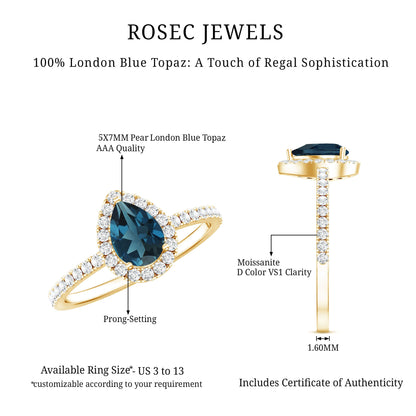 0.7 Carat Pear Shape London Blue Topaz Teardrop Engagement Ring with Moissanite Halo