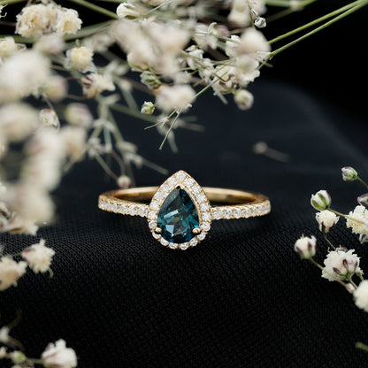 0.7 Carat Pear Shape London Blue Topaz Teardrop Engagement Ring with Moissanite Halo