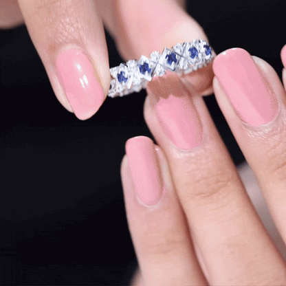 Lab Created Blue Sapphire and Diamond Designer Wedding Band for Women