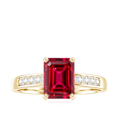 Lab Grown Ruby Emerald Cut Engagement Ring with Real Diamond