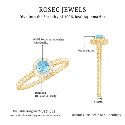 Natural Aquamarine Diamond Promise Ring with Bubble Shank