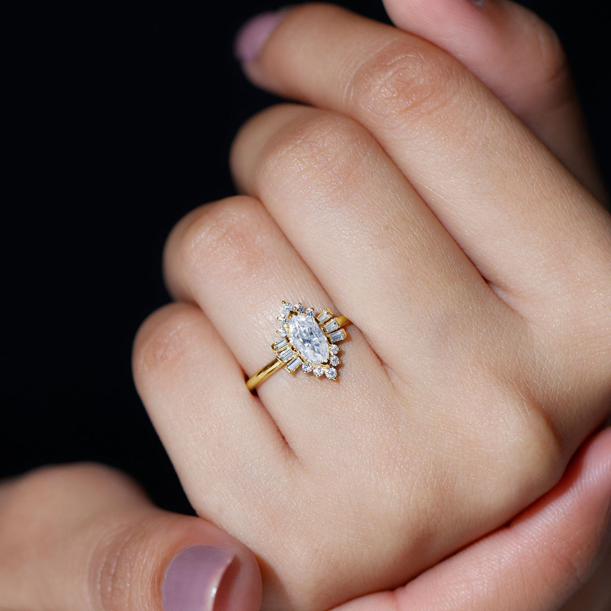 Marquise Cut Moissanite Antique Style Engagement Ring with Halo