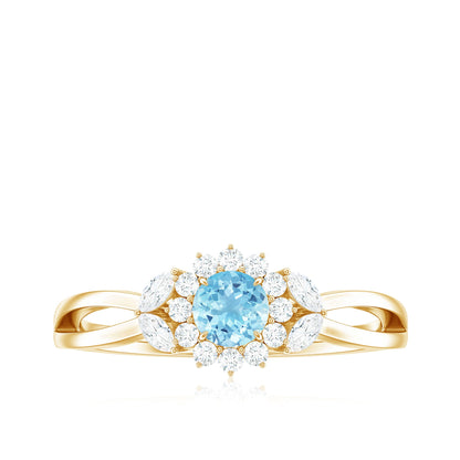 Natural Aquamarine Flower Promise Ring with Diamond