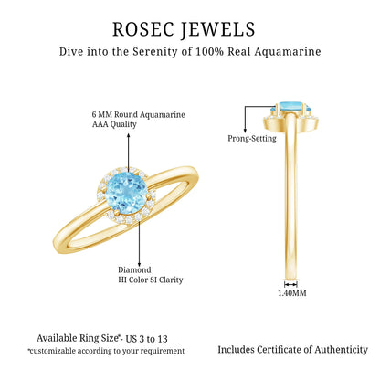 Certified Real Aquamarine Promise Ring with Diamond Halo