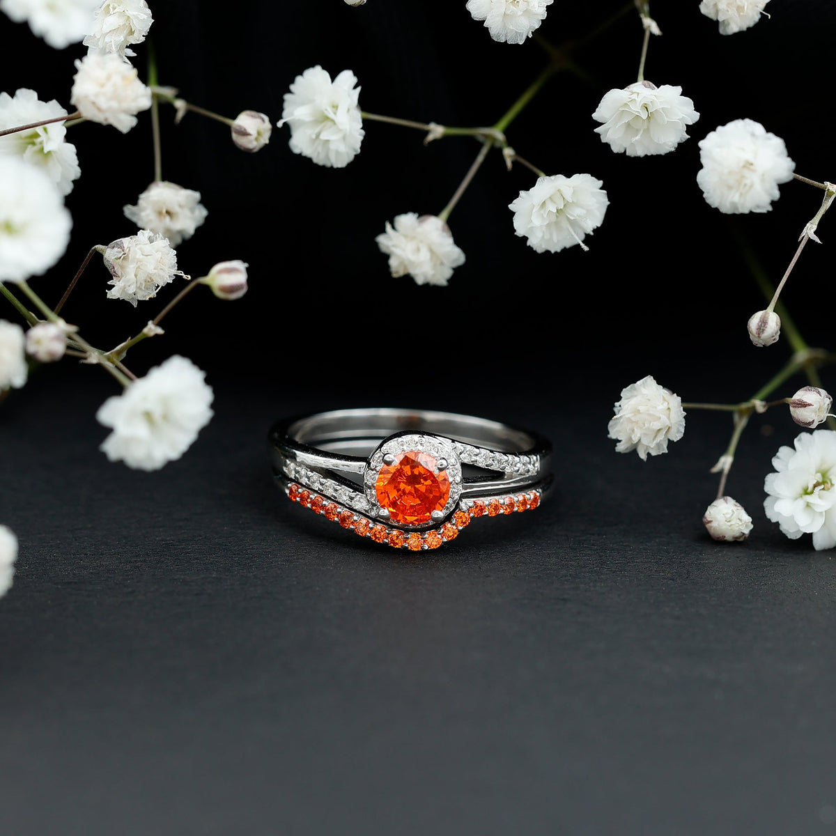 Certified Lab Grown Orange Sapphire Engagement Ring with Diamond Wedding Band