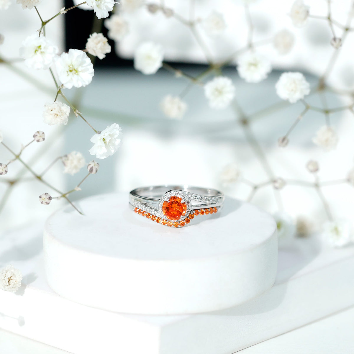 Certified Lab Grown Orange Sapphire Engagement Ring with Diamond Wedding Band