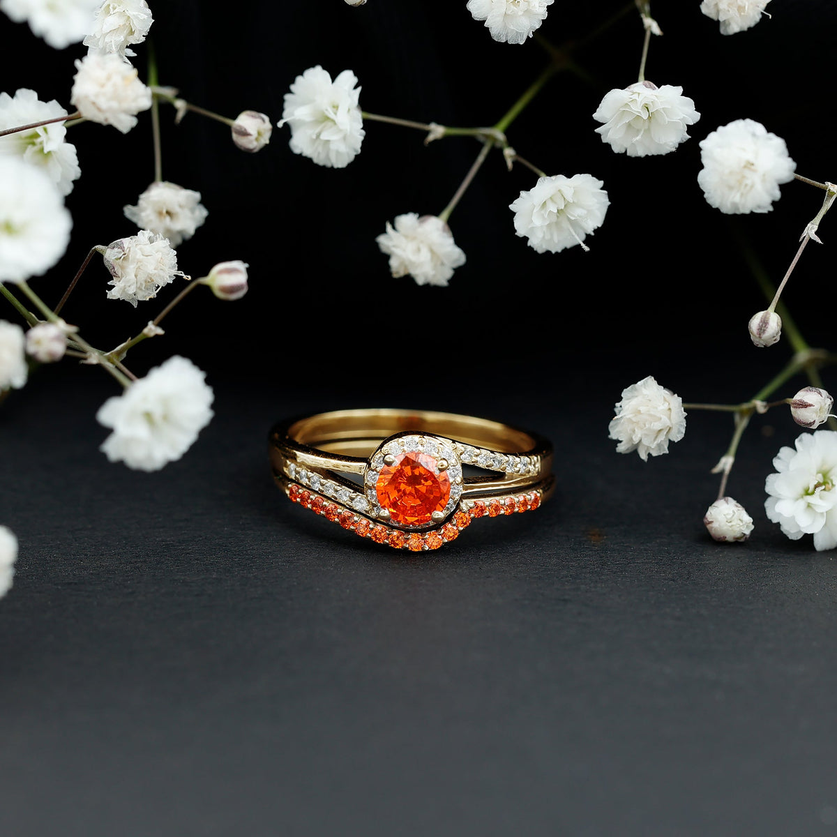 Certified Lab Grown Orange Sapphire Engagement Ring with Diamond Wedding Band