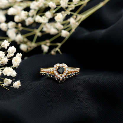 Black Onyx and Diamond Heart Engagement Ring With Ring Guard