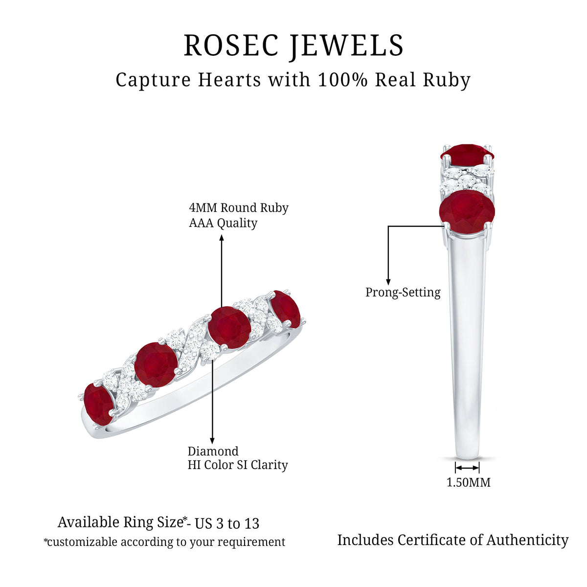 Natural Ruby Half Eternity Anniversary Band Ring with Diamond