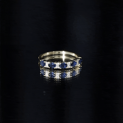 Natural 0.8 Carat Oval Blue Sapphire and Diamond Half Eternity Wedding Band