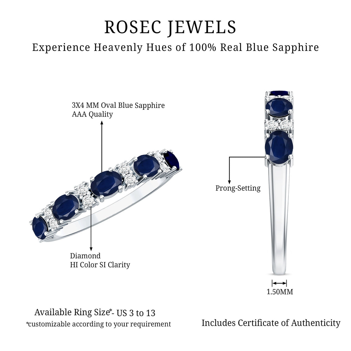 Natural 0.8 Carat Oval Blue Sapphire and Diamond Half Eternity Wedding Band