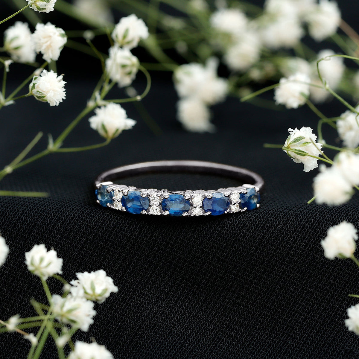Natural 0.8 Carat Oval Blue Sapphire and Diamond Half Eternity Wedding Band