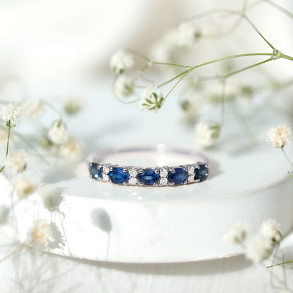Natural 0.8 Carat Oval Blue Sapphire and Diamond Half Eternity Wedding Band
