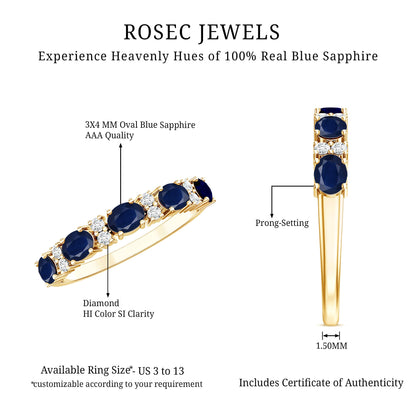 Natural 0.8 Carat Oval Blue Sapphire and Diamond Half Eternity Wedding Band