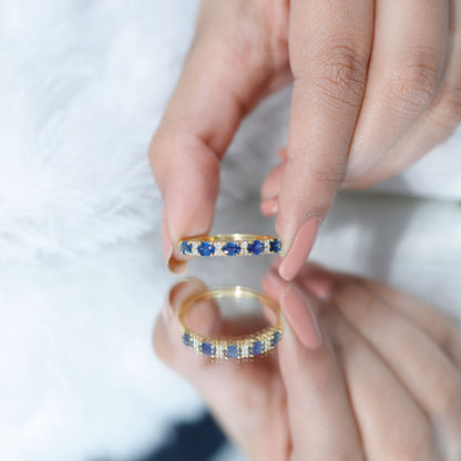 Natural 0.8 Carat Oval Blue Sapphire and Diamond Half Eternity Wedding Band