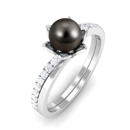 Tahitian Pearl and Diamond Flower Bypass Ring