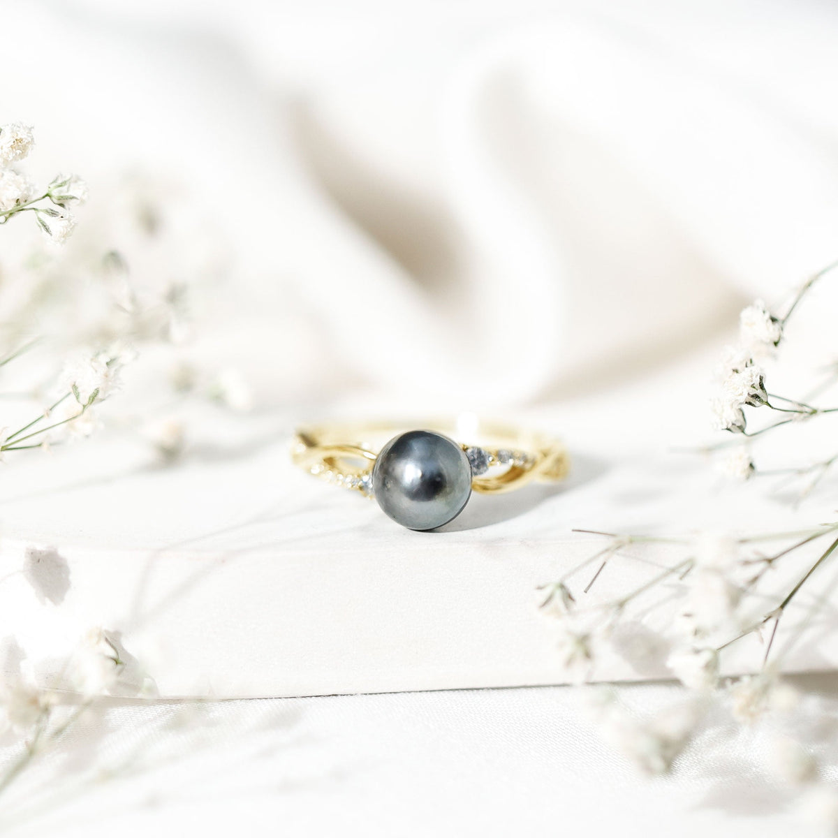 Tahitian Pearl and Diamond Crossover Engagement Ring