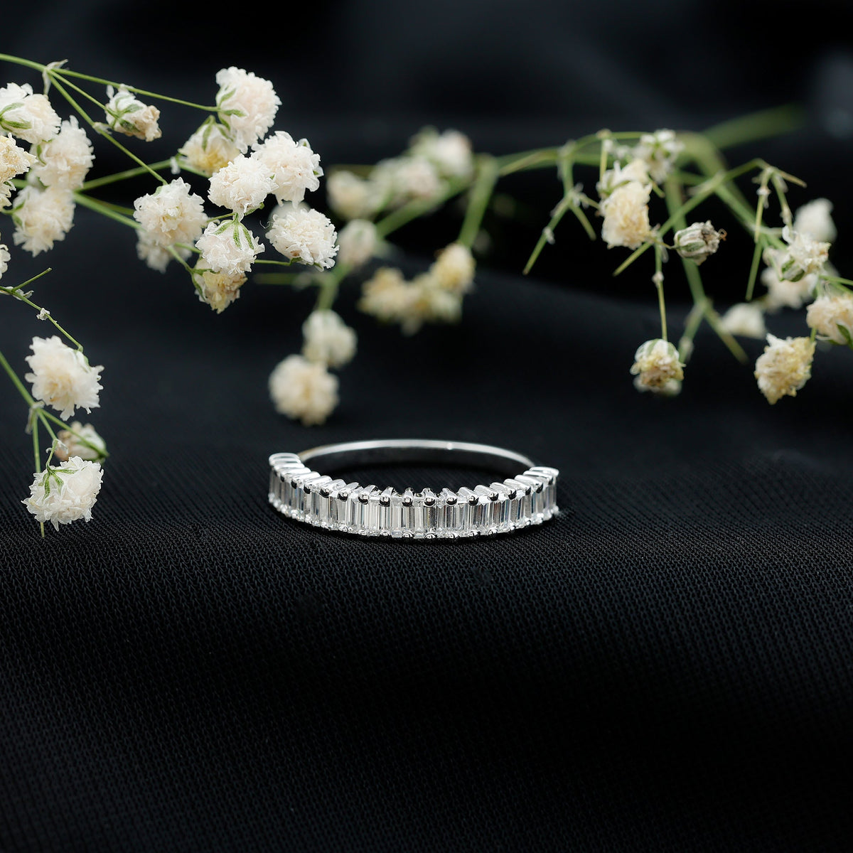 Certified Baguette Cut Moissanite Half Eternity Band Ring