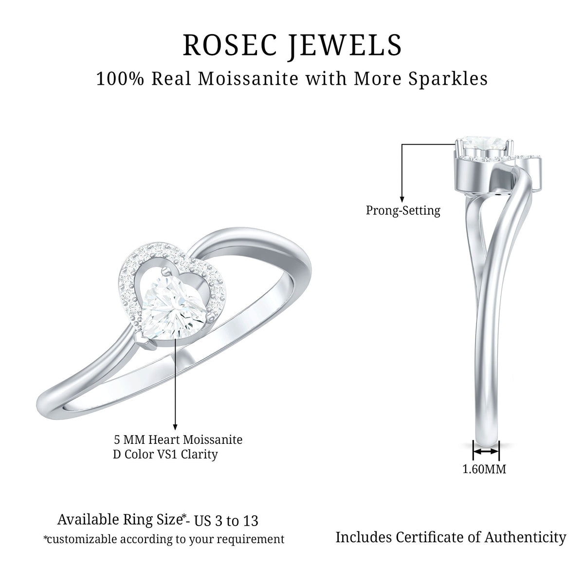 Certified Moissanite Heart Promise Ring for Her