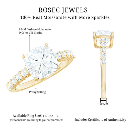 Solitaire Moissanite Cushion Cut Engagement Ring with Side Stones