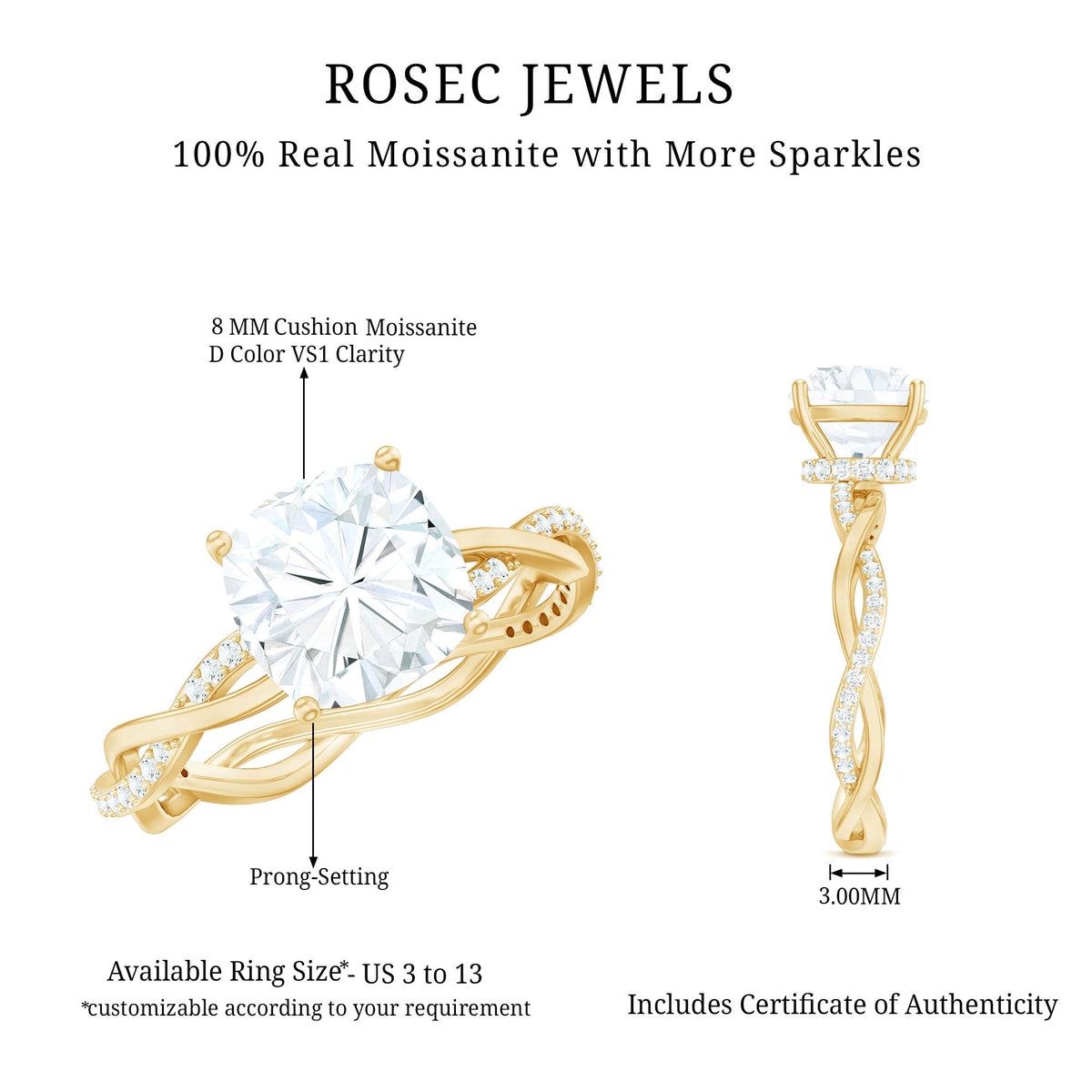 3 Carat Moissanite Cushion Cut Hidden Halo Engagement Rings