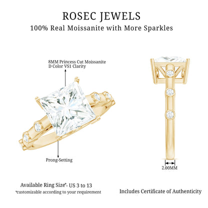 Princess Cut Moissanite Solitaire Engagement Ring with Spaced Accent