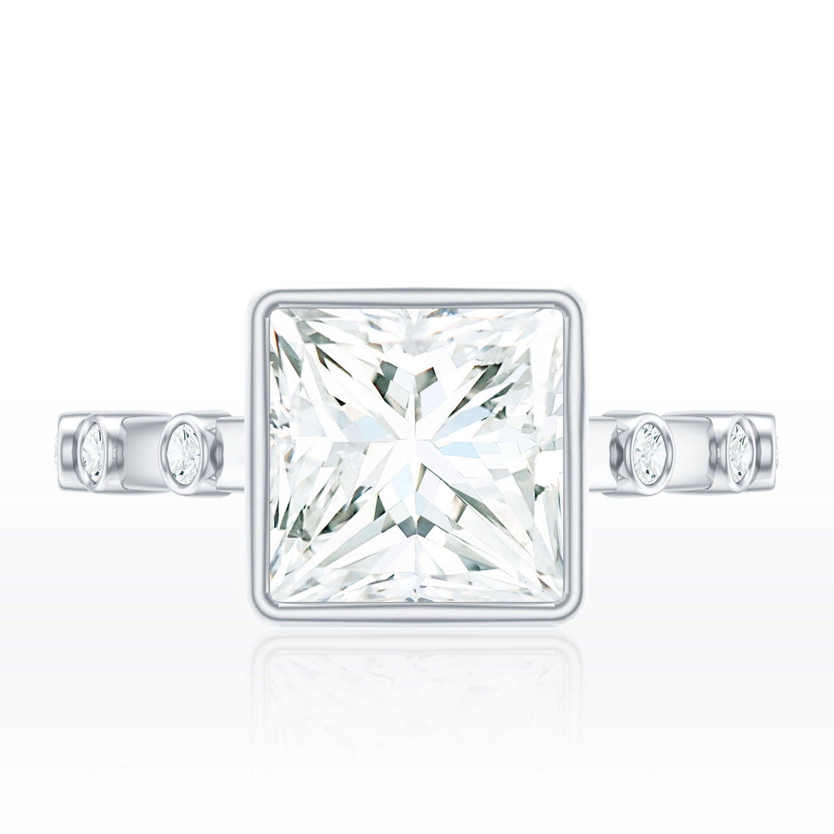 Bezel Set Moissanite Princess Cut Engagement Ring with Spaced Accent