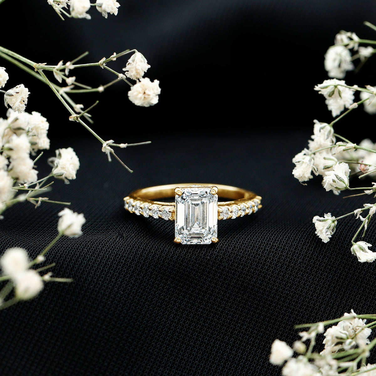 Certified Moissanite Emerald Cut Engagement Ring with Hidden Halo