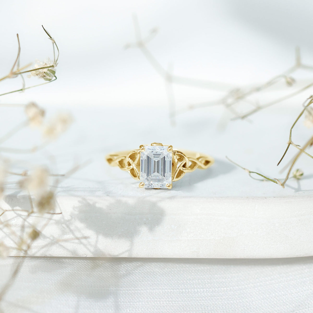 1.8 Carat Emerald Cut Moissanite Engagement Ring with Celtic Details