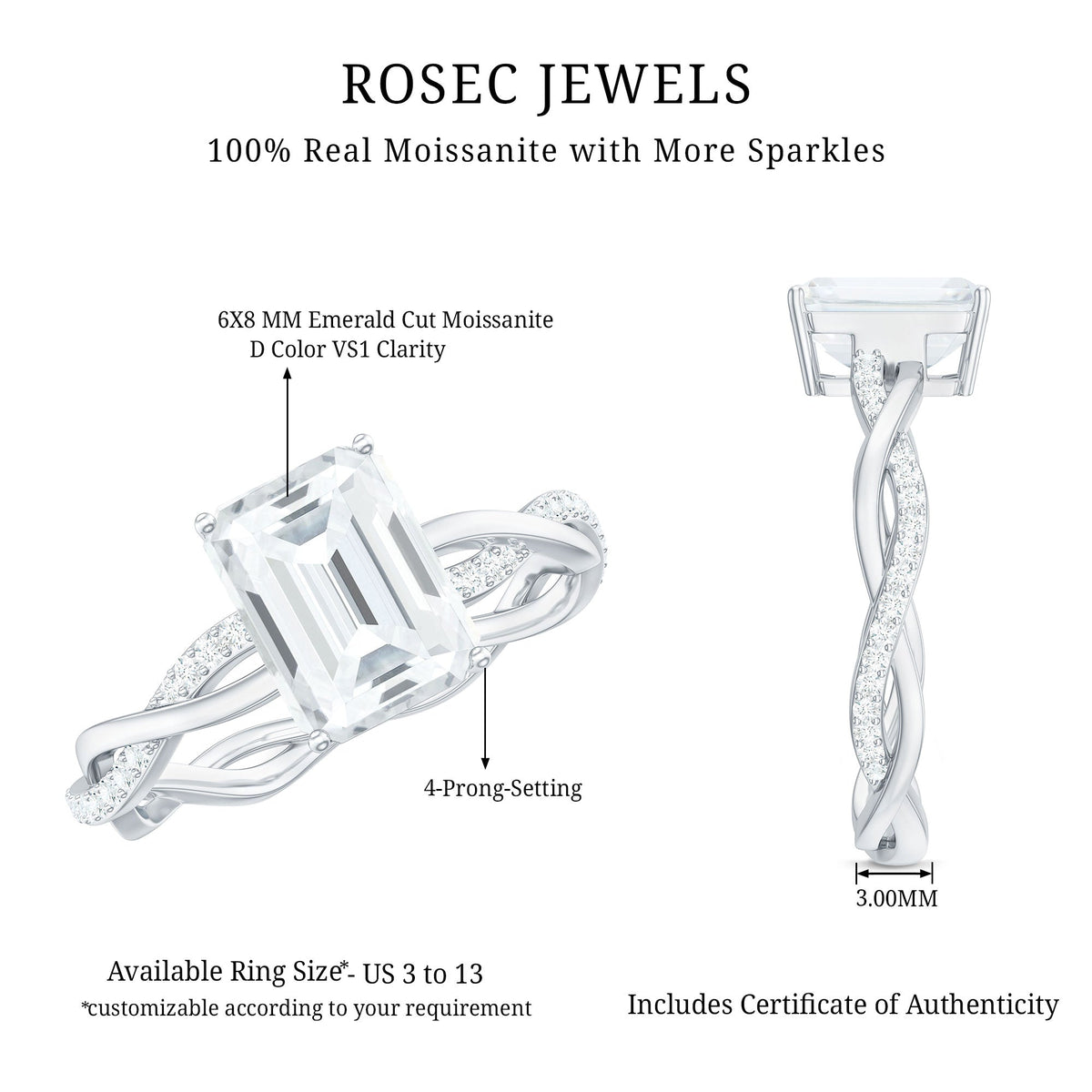 Emerald Cut Moissanite Solitaire Engagement Ring with Braided Band