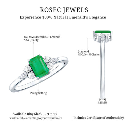 Emerald Cut Emerald Engagement Ring with Diamond Trio