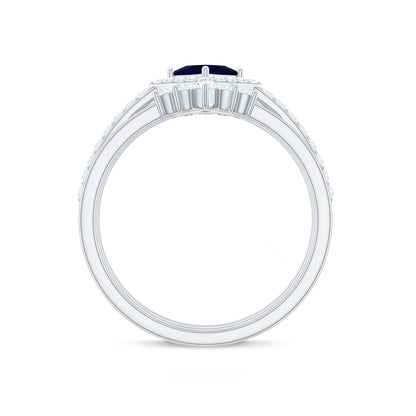 0.4 Carat Princess Cut Blue Sapphire Bridal Ring Set with Moissanite Halo