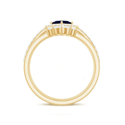 0.4 Carat Princess Cut Blue Sapphire Bridal Ring Set with Moissanite Halo
