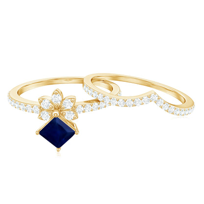 Designer Princess Cut Blue Sapphire and Diamond Flower Wedding Ring Set