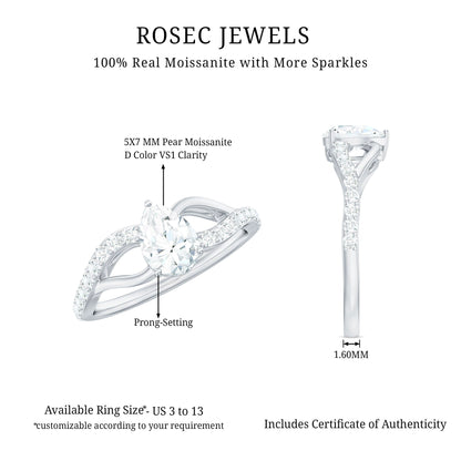 Certified Pear Cut Moissanite Split Shank Engagement Ring
