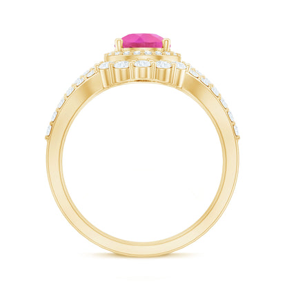 Pear Created Pink Sapphire Teardrop Ring Set with Moissanite Band