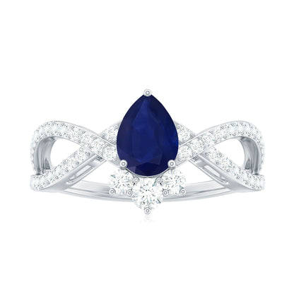 Real 0.5 Blue Sapphire Pear Shape Engagement Ring with Diamond Crossover