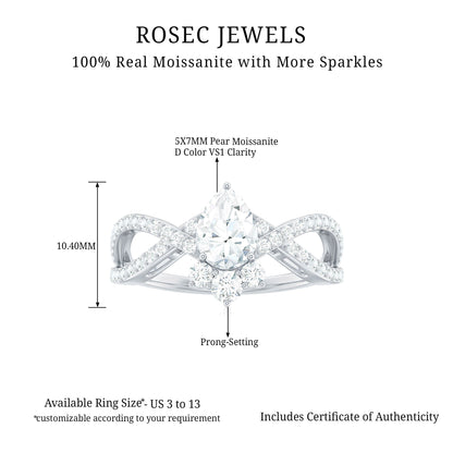 Designer Pear Shaped Moissanite Crossover Engagement Ring