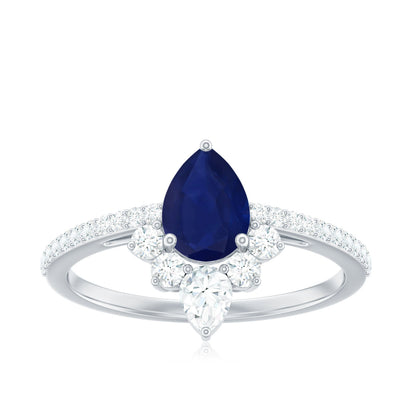 Certified 0.5 Carat Pear Shaped Blue Sapphire Crown Engagement Ring with Diamond