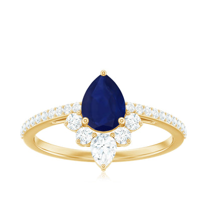 Certified 0.5 Carat Pear Shaped Blue Sapphire Crown Engagement Ring with Diamond