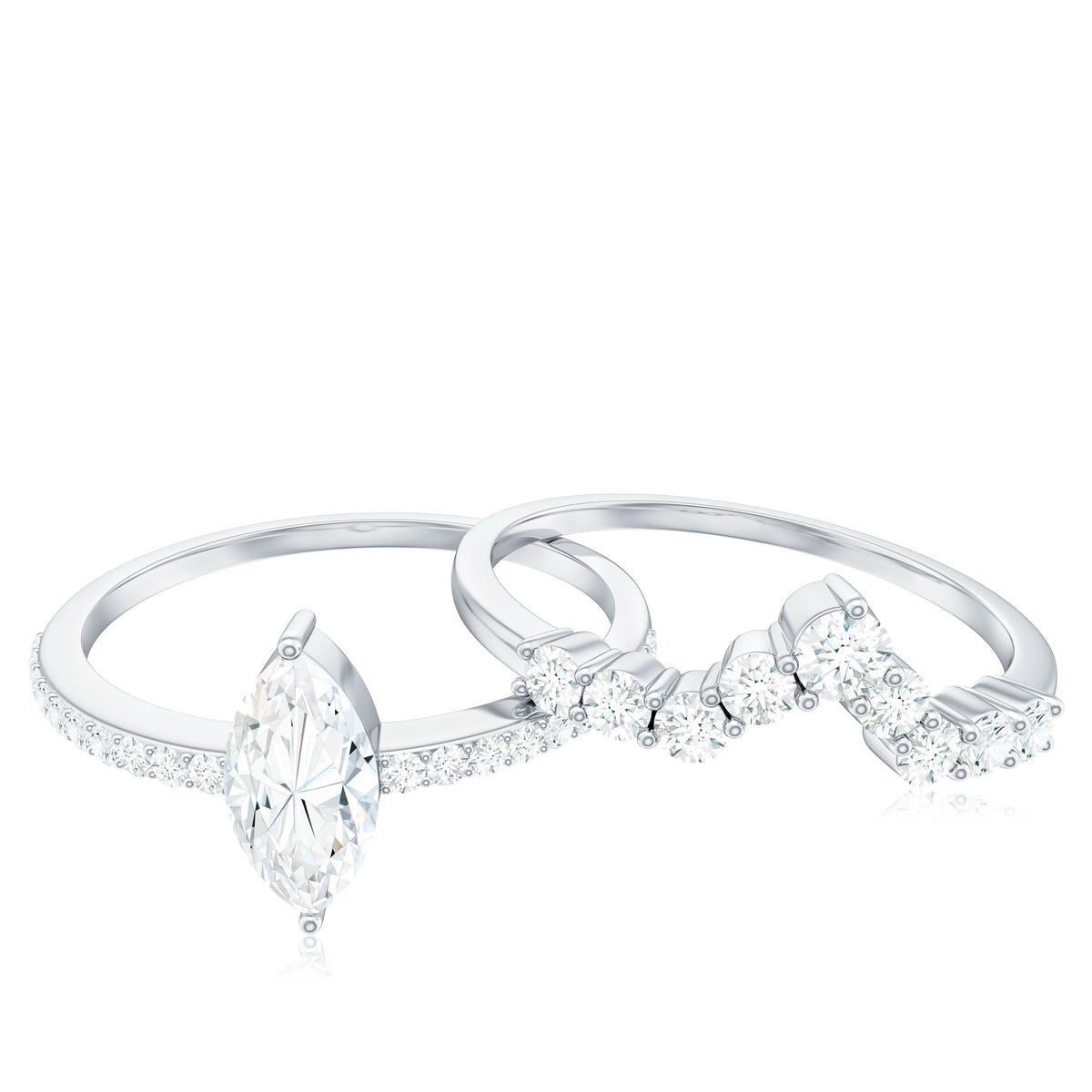 Marquise Cut Moissanite Engagement Ring with V-Shaped Wedding Band
