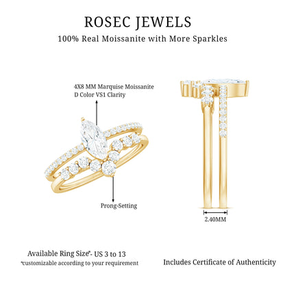 Marquise Cut Moissanite Engagement Ring with V-Shaped Wedding Band