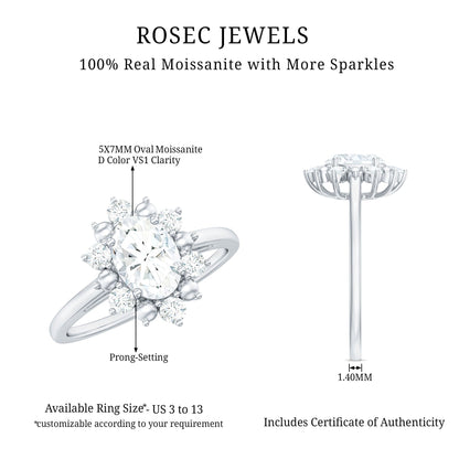 Certified Oval Moissanite Flower Halo Engagement Ring